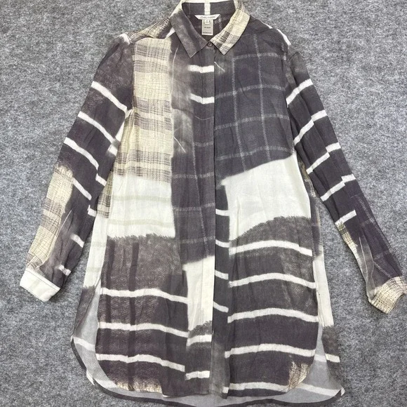 John Mark tunic top women's small gray tan neutral geometric silky boho artsy - Picture 2 of 9